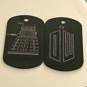 Dr Who black/silver dog tag set Dalek and DW tardis symbol. Unisex jewelry.